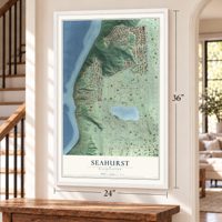 Seahurst, Washington map, 24 x 36 inch print in a white frame by a staircase