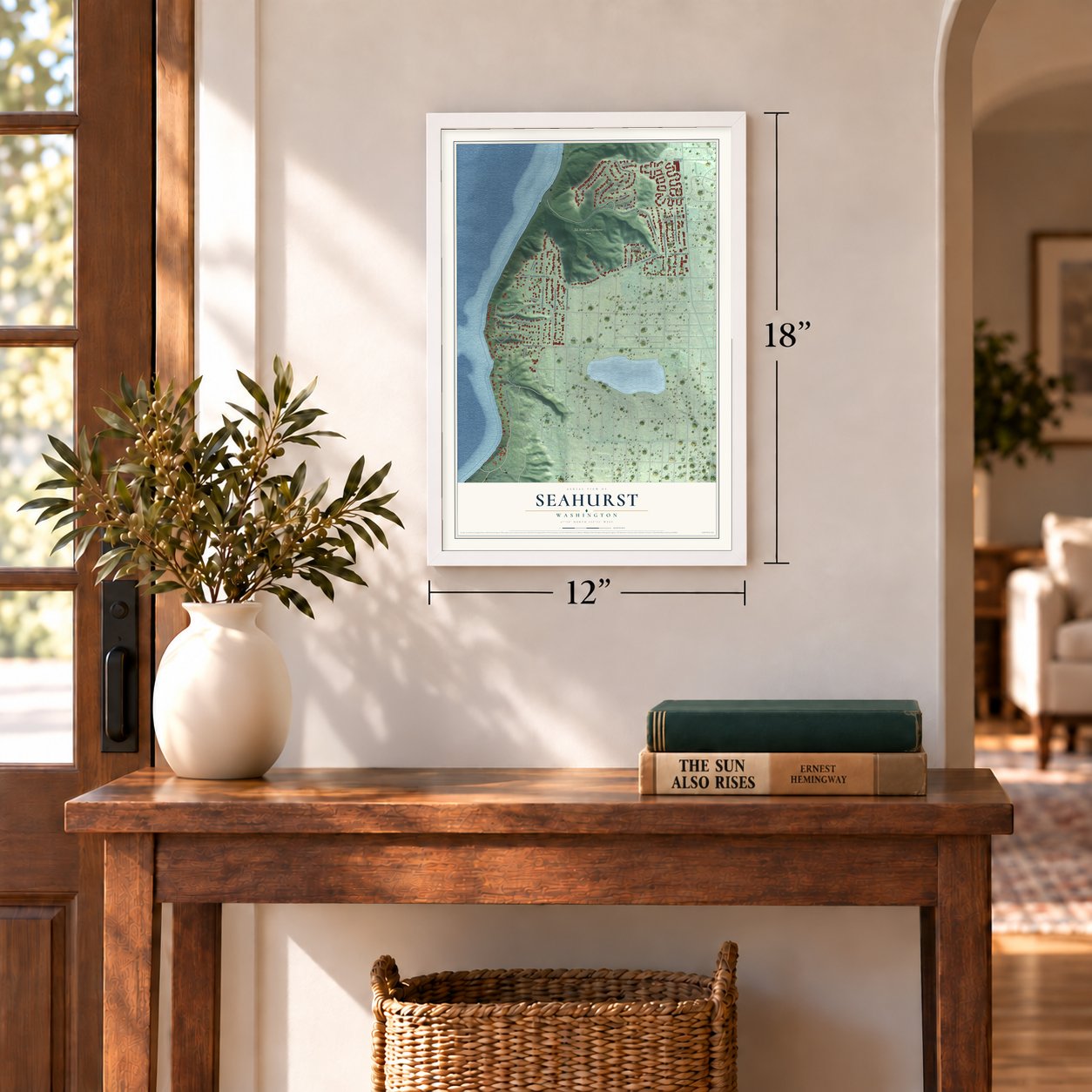 Seahurst, Washington map, 12 x 18 inch print in a white frame in an entryway