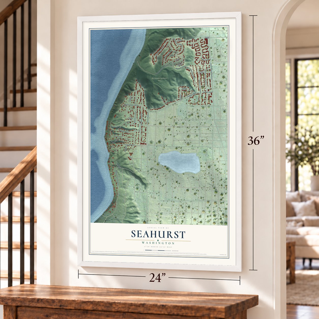 Seahurst, Washington map, 24 x 36 inch print in a white frame by a staircase