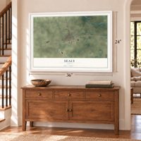 Sealy, Texas map, 24 x 36 inch print in a white frame above a dresser by a staircase