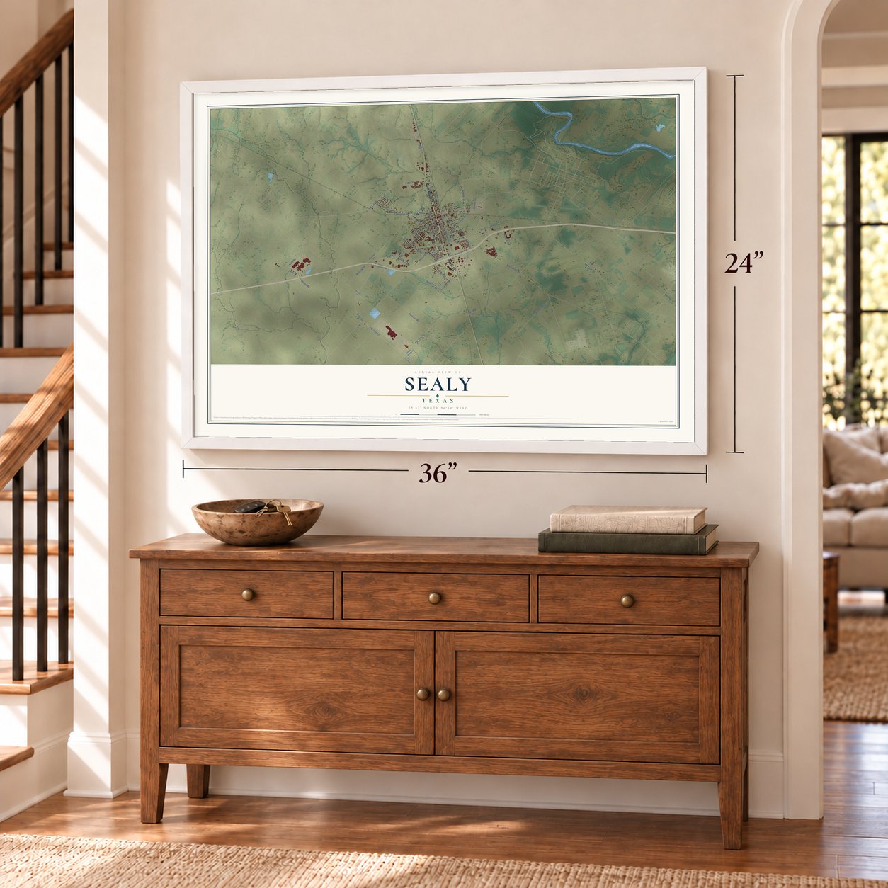 Sealy, Texas map, 24 x 36 inch print in a white frame above a dresser by a staircase