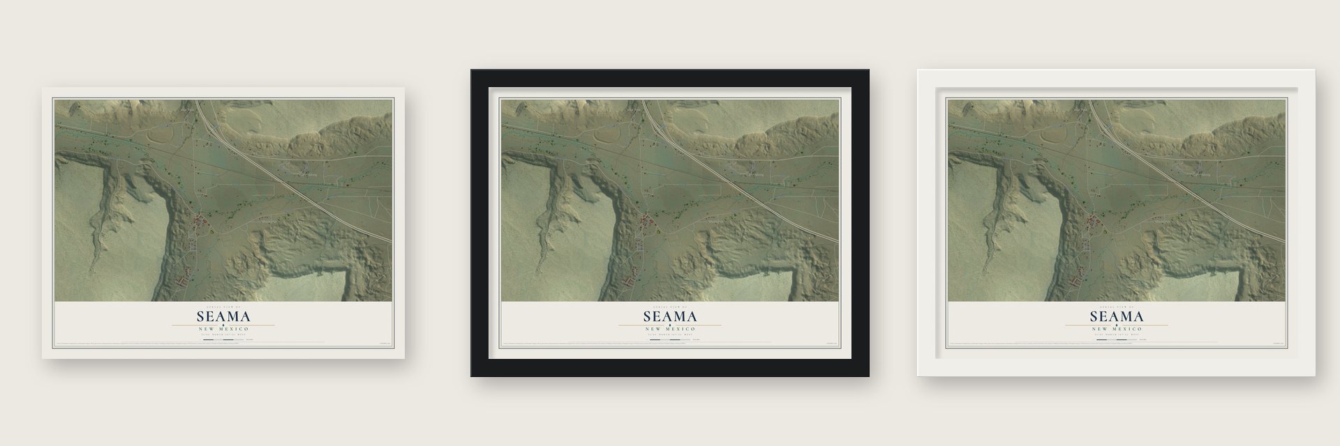 Seama, New Mexico map unframed, in a black wood frame and in a white wood frame