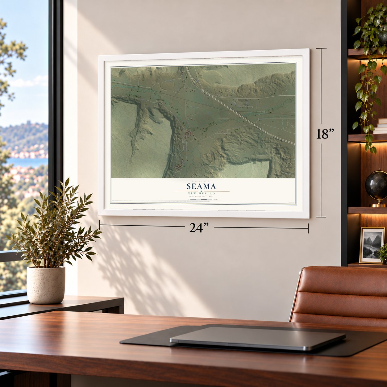 Seama, New Mexico map, 18 x 24 inch print in a white frame in a home office