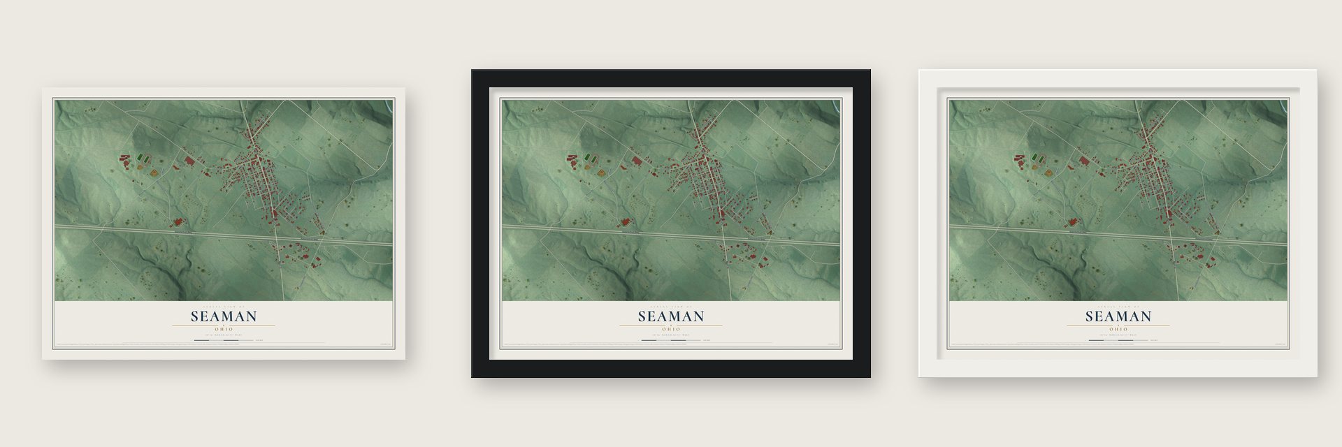 Seaman, Ohio map unframed, in a black wood frame and in a white wood frame