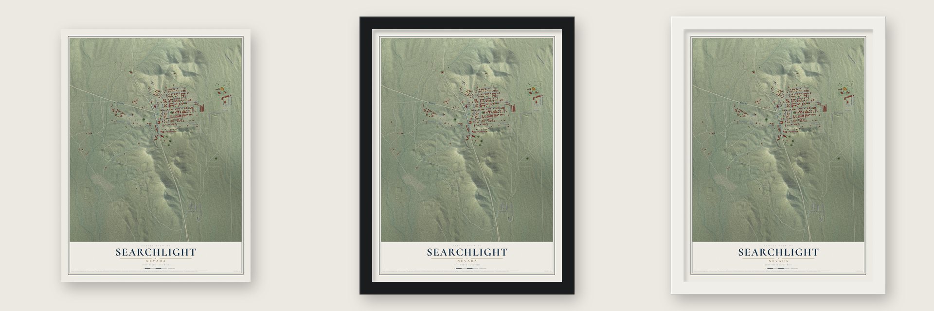 Searchlight, Nevada map unframed, in a black wood frame and in a white wood frame