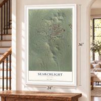 Searchlight, Nevada map, 24 x 36 inch print in a white frame by a staircase