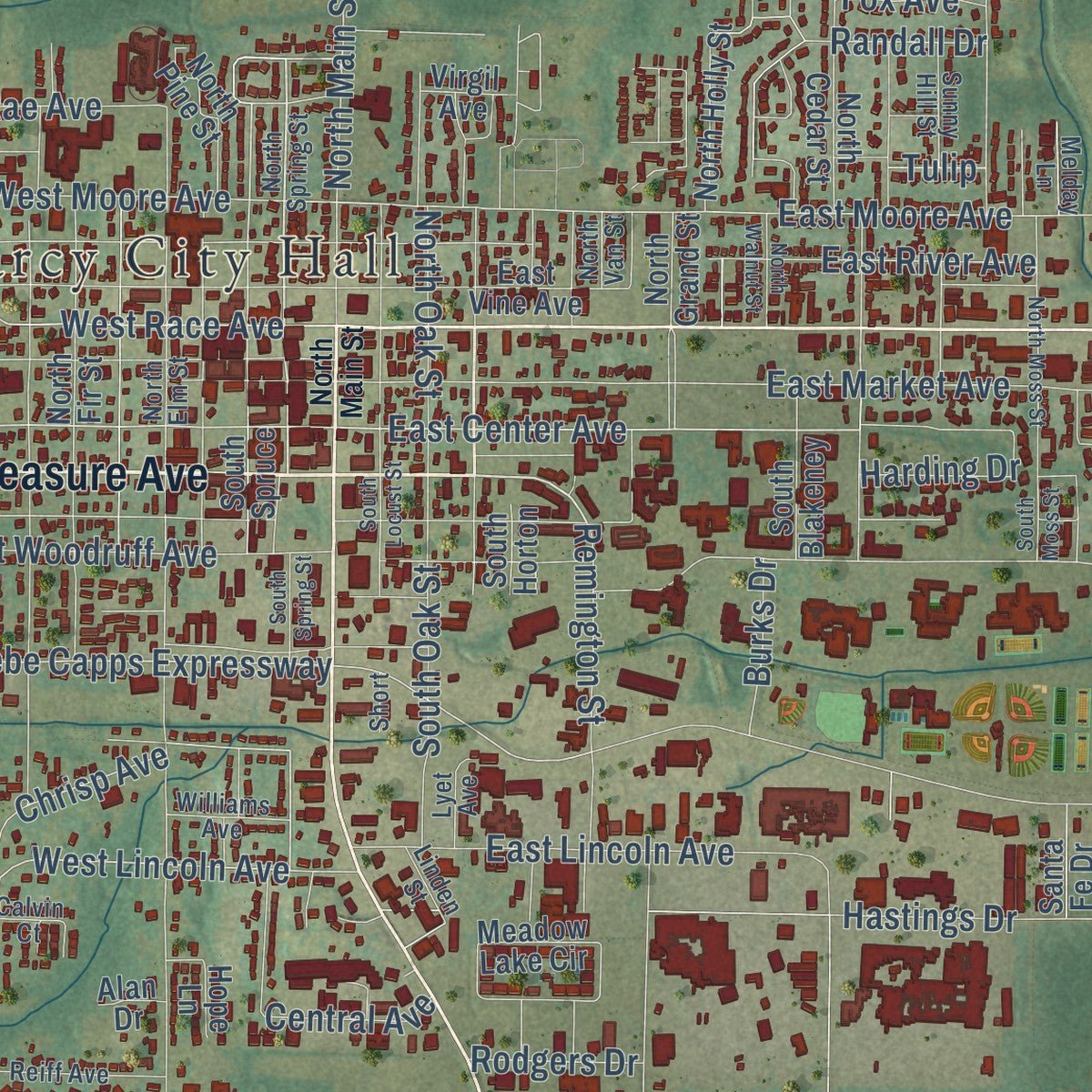 Second close-up of the map of Searcy, Arkansas print showing more streets and buildings