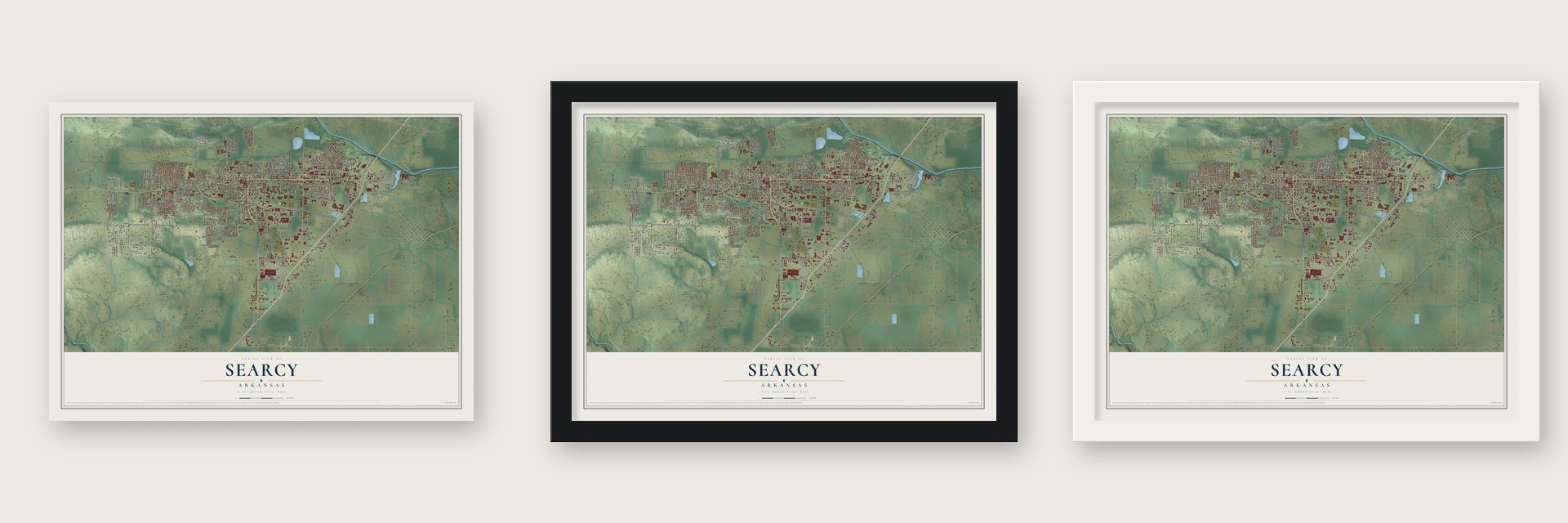Searcy, Arkansas map unframed, in a black wood frame and in a white wood frame