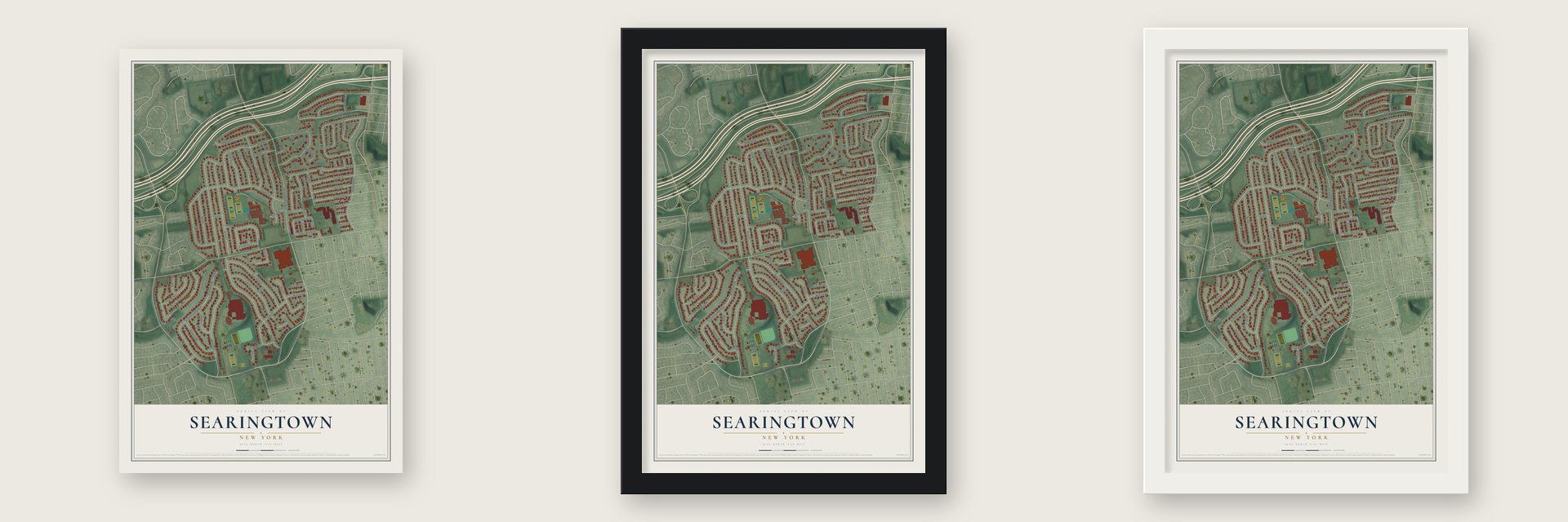 Searingtown, New York map unframed, in a black wood frame and in a white wood frame