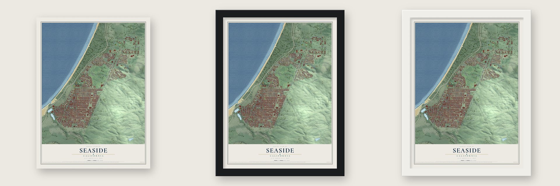 Seaside, California map unframed, in a black wood frame and in a white wood frame