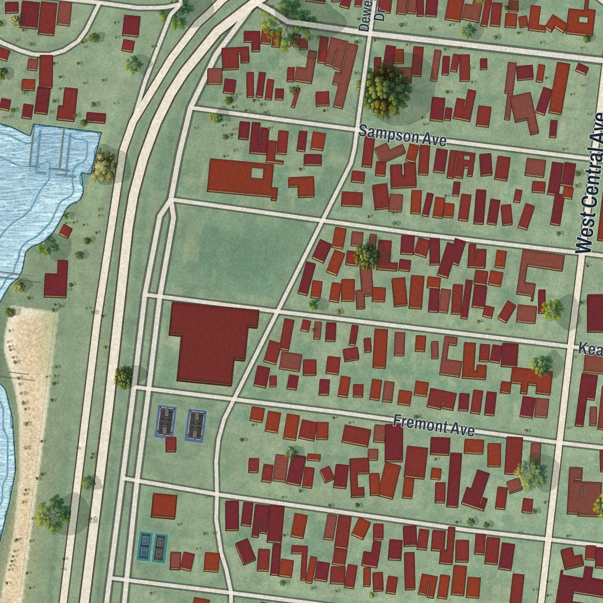 Second close-up of the map of Seaside Heights, New Jersey print showing more streets and buildings