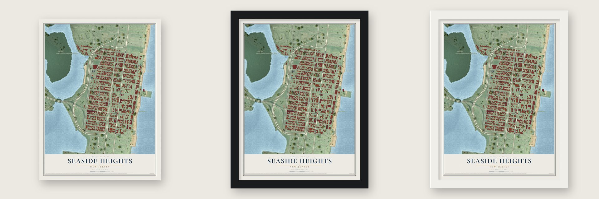 Seaside Heights, New Jersey map unframed, in a black wood frame and in a white wood frame