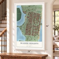 Seaside Heights, New Jersey map, 24 x 36 inch print in a white frame by a staircase