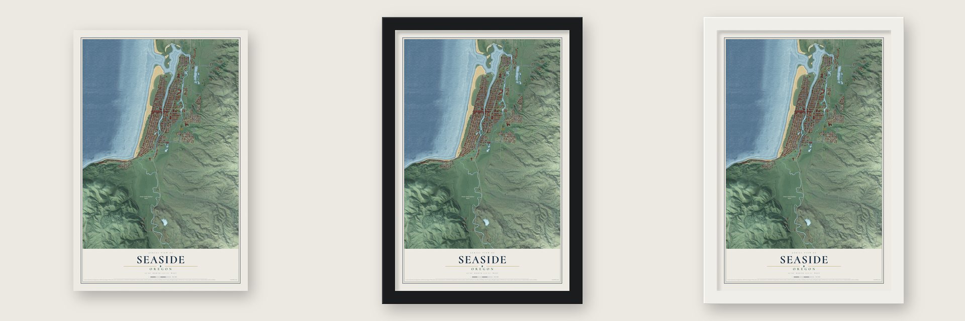 Seaside, Oregon map unframed, in a black wood frame and in a white wood frame