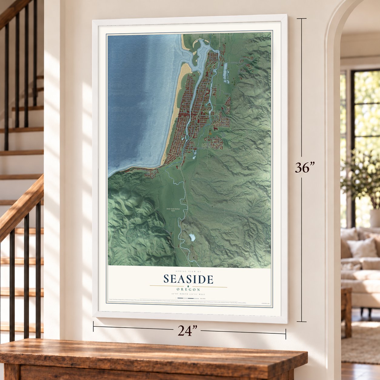 Seaside, Oregon map, 24 x 36 inch print in a white frame by a staircase