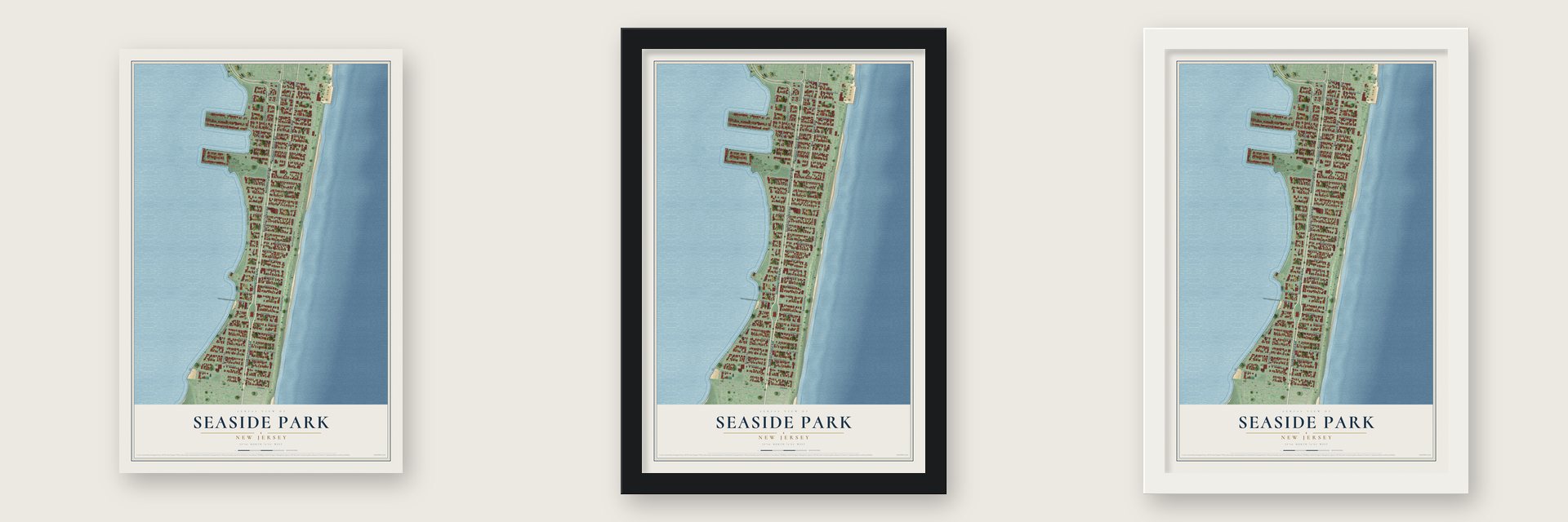 Seaside Park, New Jersey map unframed, in a black wood frame and in a white wood frame