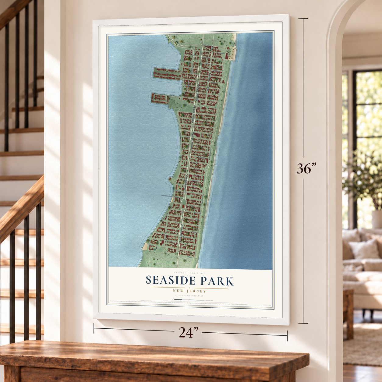 Seaside Park, New Jersey map, 24 x 36 inch print in a white frame by a staircase