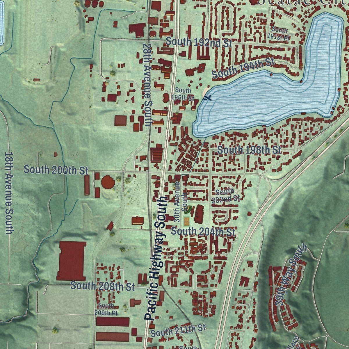 Second close-up of the map of SeaTac, Washington print showing more streets and buildings