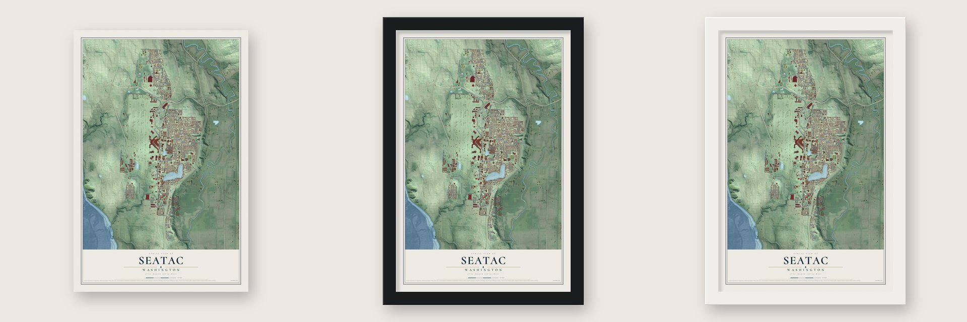 SeaTac, Washington map unframed, in a black wood frame and in a white wood frame
