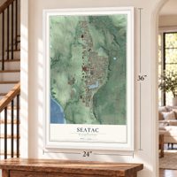 SeaTac, Washington map, 24 x 36 inch print in a white frame by a staircase