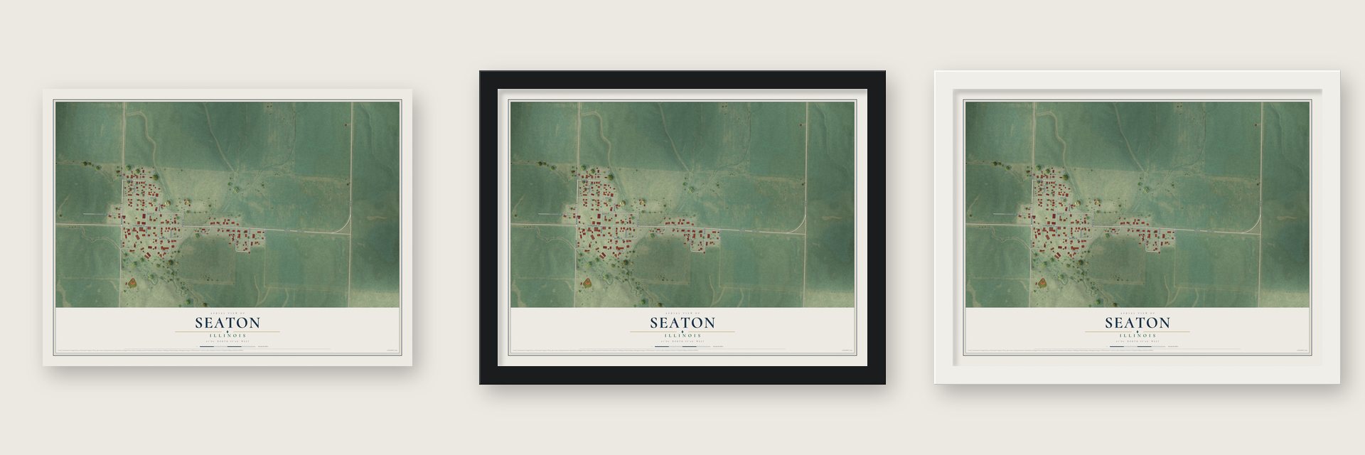 Seaton, Illinois map unframed, in a black wood frame and in a white wood frame