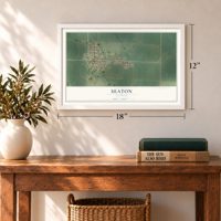 Seaton, Illinois map, 12 x 18 inch print in a white frame in an entryway