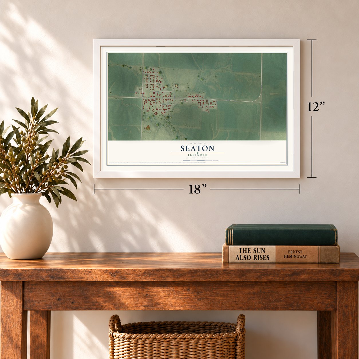 Seaton, Illinois map, 12 x 18 inch print in a white frame in an entryway