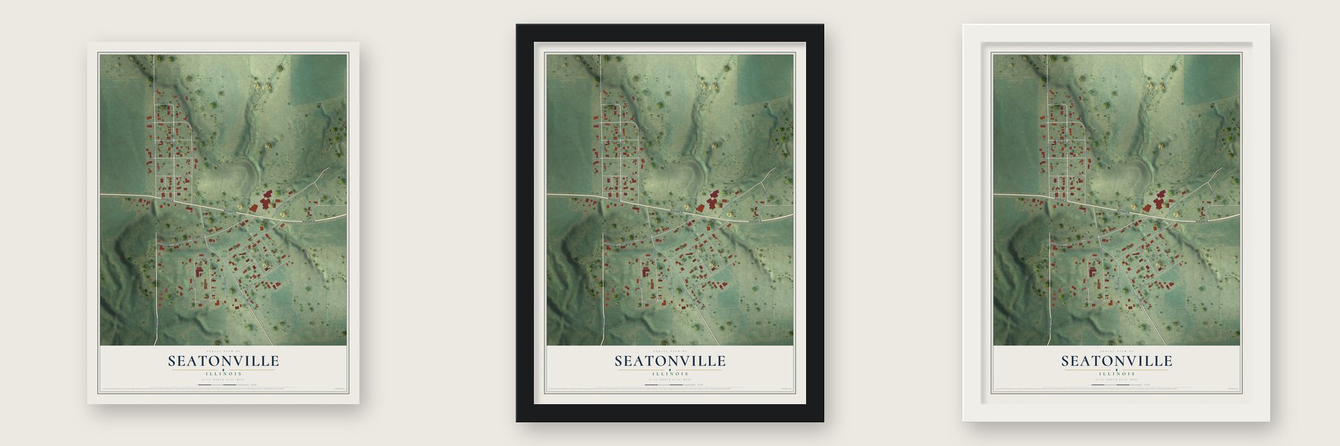 Seatonville, Illinois map unframed, in a black wood frame and in a white wood frame