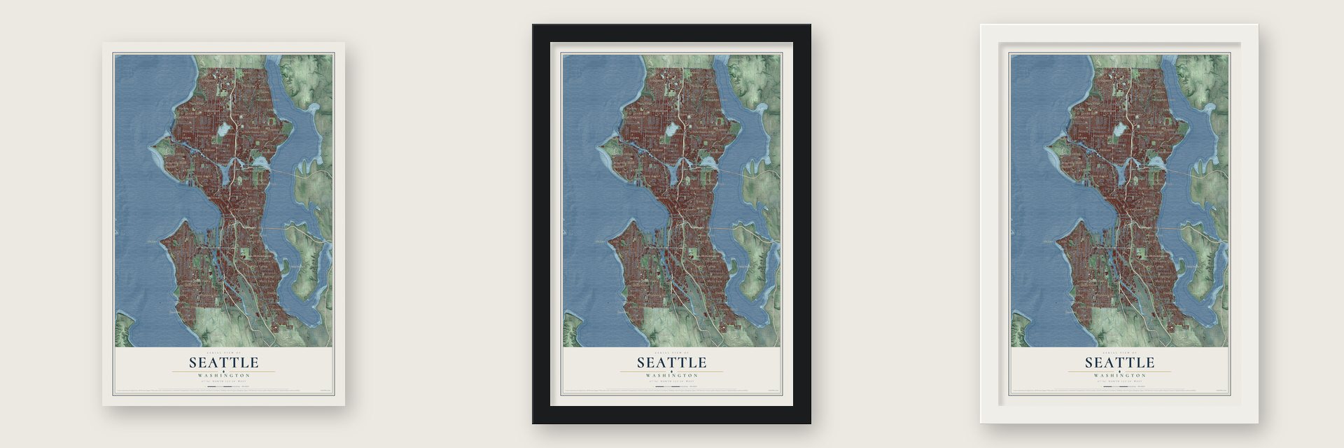 Seattle, Washington map unframed, in a black wood frame and in a white wood frame