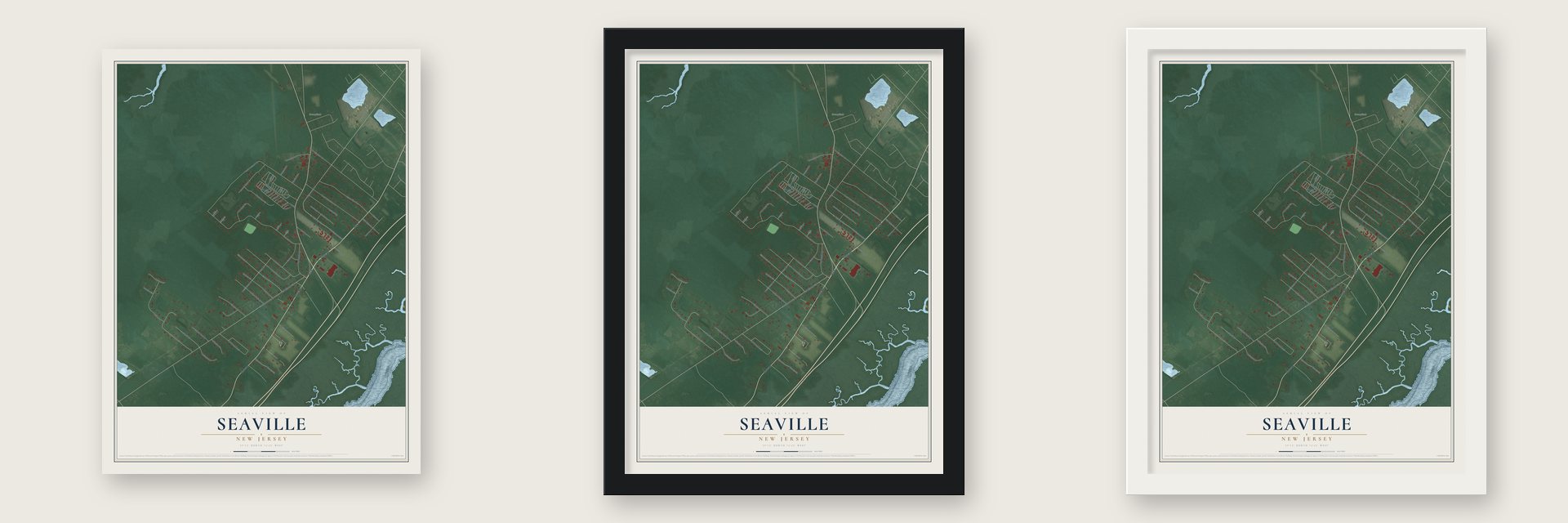 Seaville, New Jersey map unframed, in a black wood frame and in a white wood frame