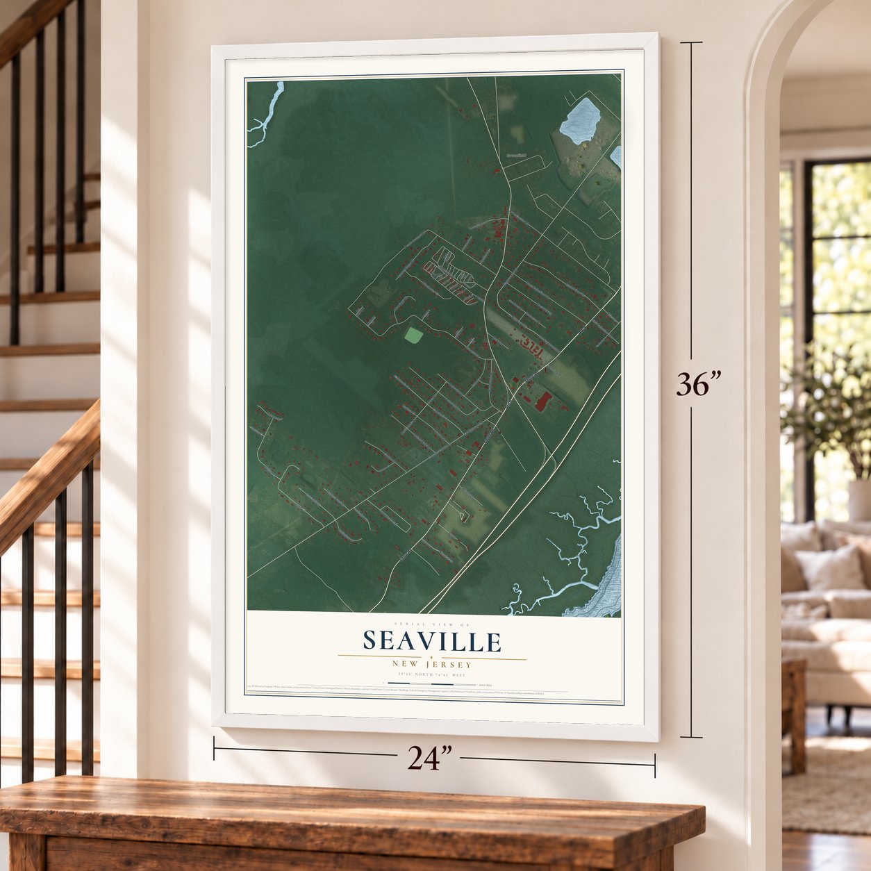 Seaville, New Jersey map, 24 x 36 inch print in a white frame by a staircase