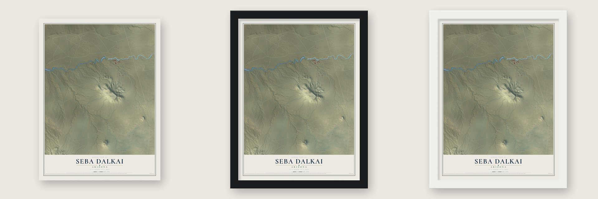 Seba Dalkai, Arizona map unframed, in a black wood frame and in a white wood frame