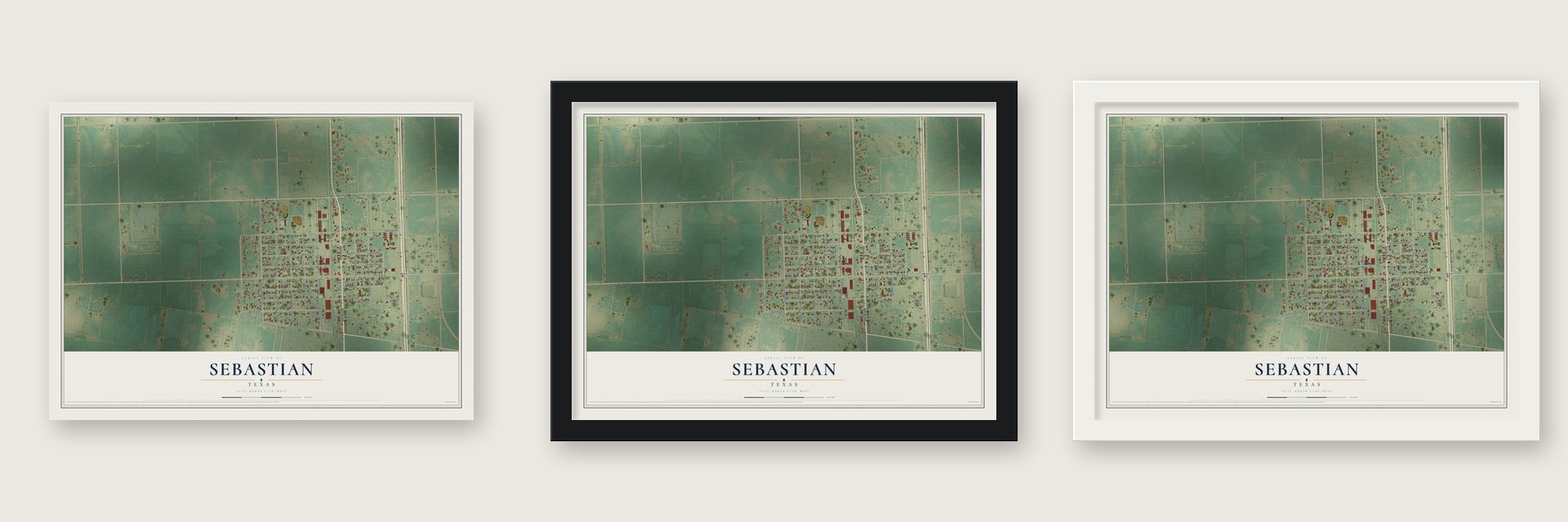 Sebastian, Texas map unframed, in a black wood frame and in a white wood frame