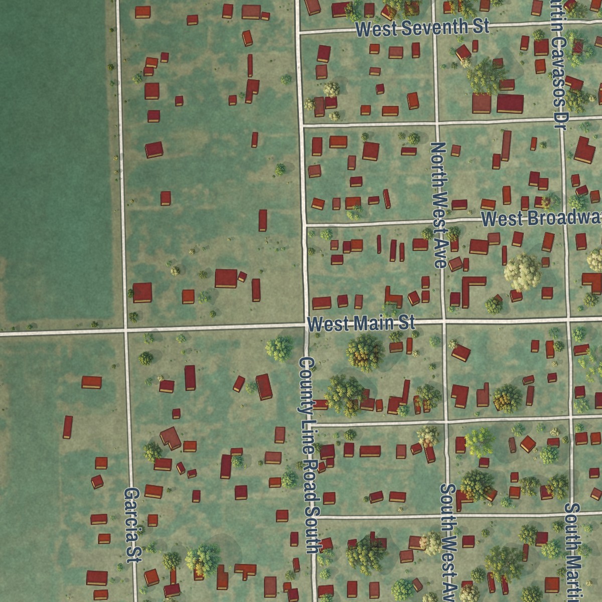 Second close-up of the map of Sebastian, Texas print showing more streets and buildings