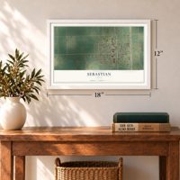 Sebastian, Texas map, 12 x 18 inch print in a white frame in an entryway