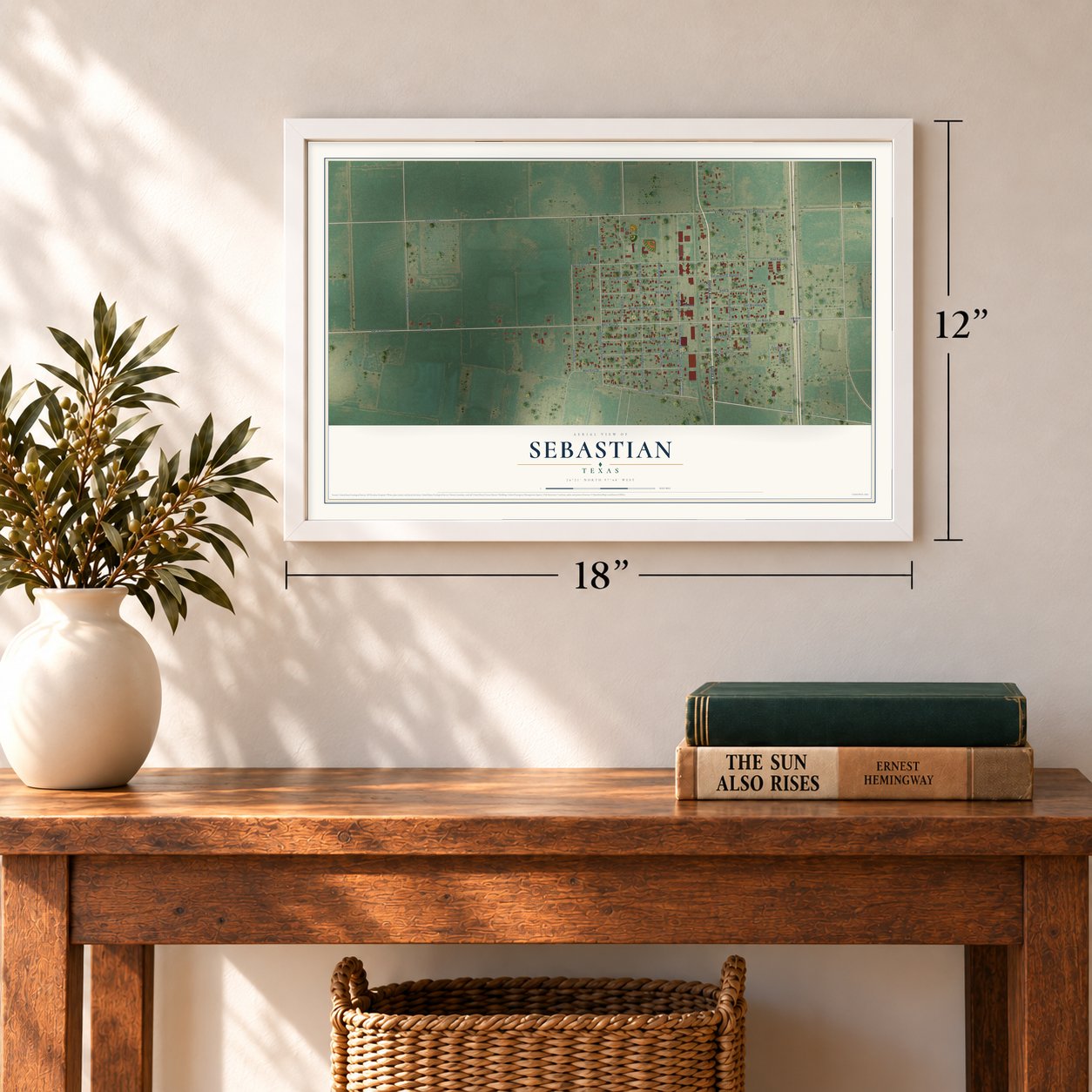 Sebastian, Texas map, 12 x 18 inch print in a white frame in an entryway