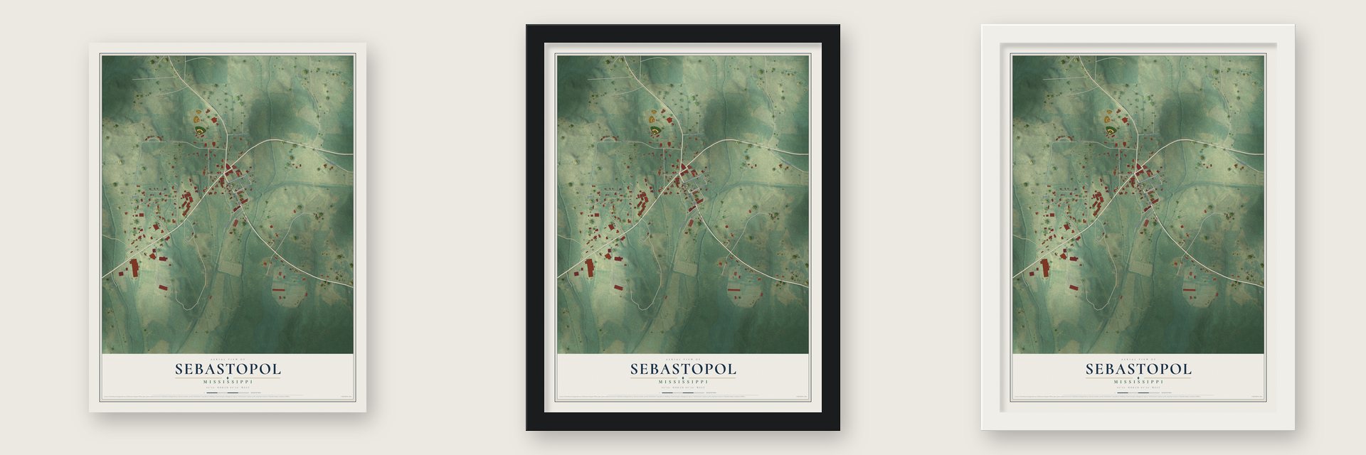 Sebastopol, Mississippi map unframed, in a black wood frame and in a white wood frame