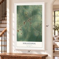 Sebastopol, Mississippi map, 24 x 36 inch print in a white frame by a staircase