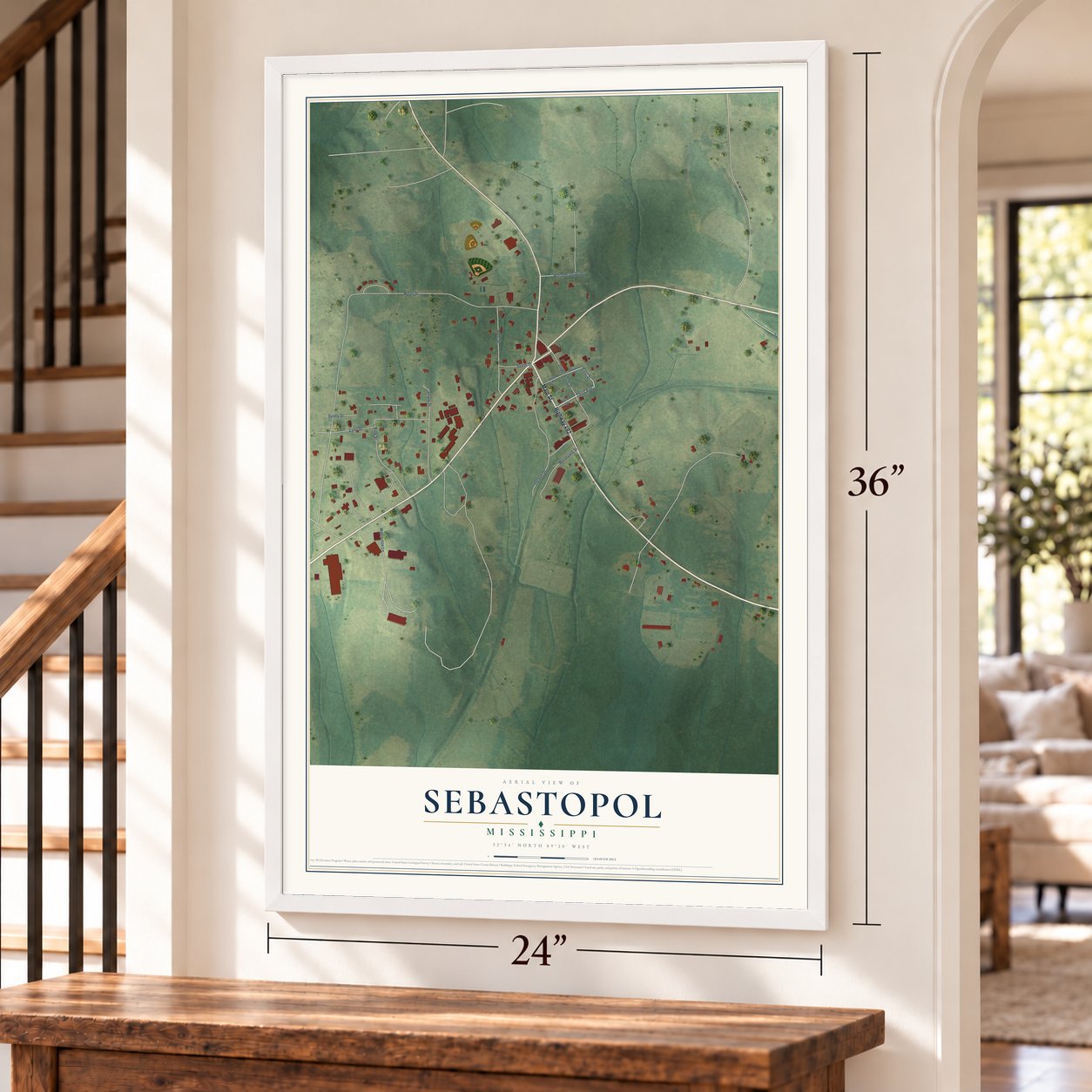 Sebastopol, Mississippi map, 24 x 36 inch print in a white frame by a staircase
