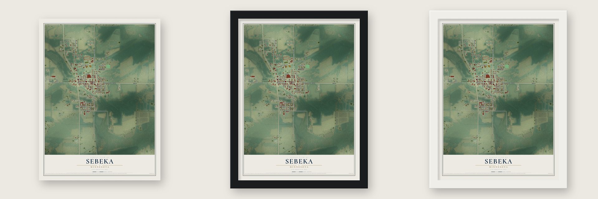 Sebeka, Minnesota map unframed, in a black wood frame and in a white wood frame