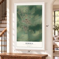 Sebeka, Minnesota map, 24 x 36 inch print in a white frame by a staircase
