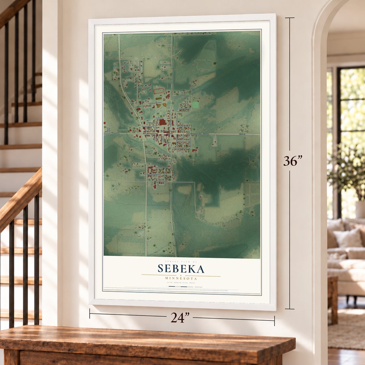 Sebeka, Minnesota map, 24 x 36 inch print in a white frame by a staircase