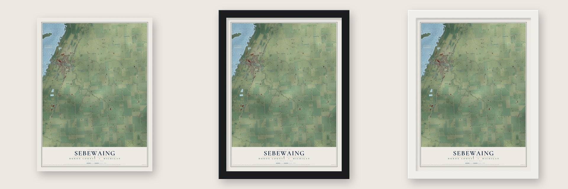 Sebewaing, Huron County, Michigan map unframed, in a black wood frame and in a white wood frame