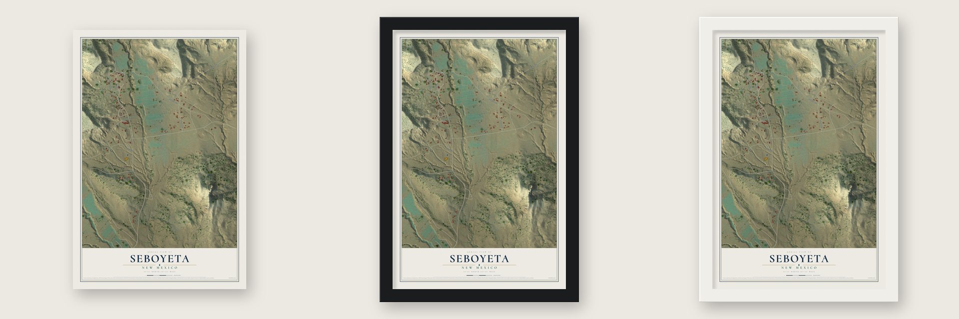 Seboyeta, New Mexico map unframed, in a black wood frame and in a white wood frame