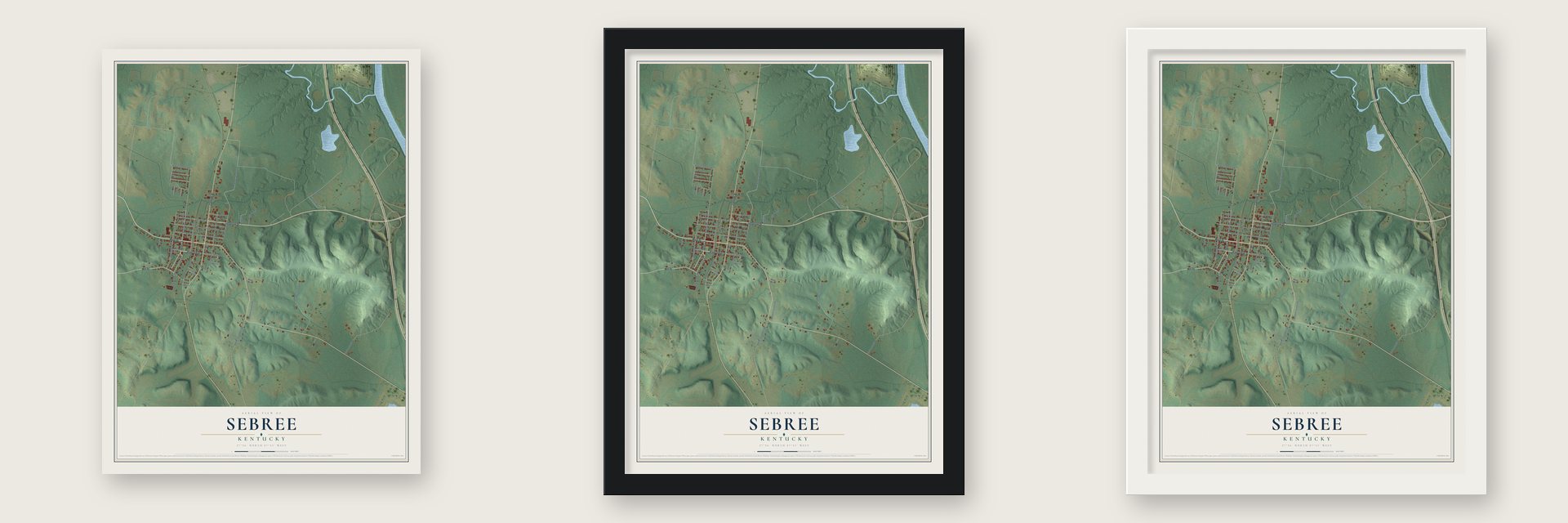 Sebree, Kentucky map unframed, in a black wood frame and in a white wood frame