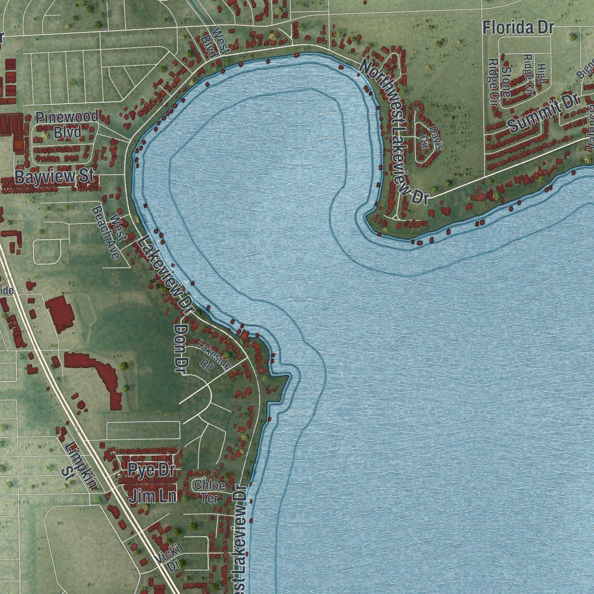 Second close-up of the map of Sebring, Florida print showing more streets and buildings