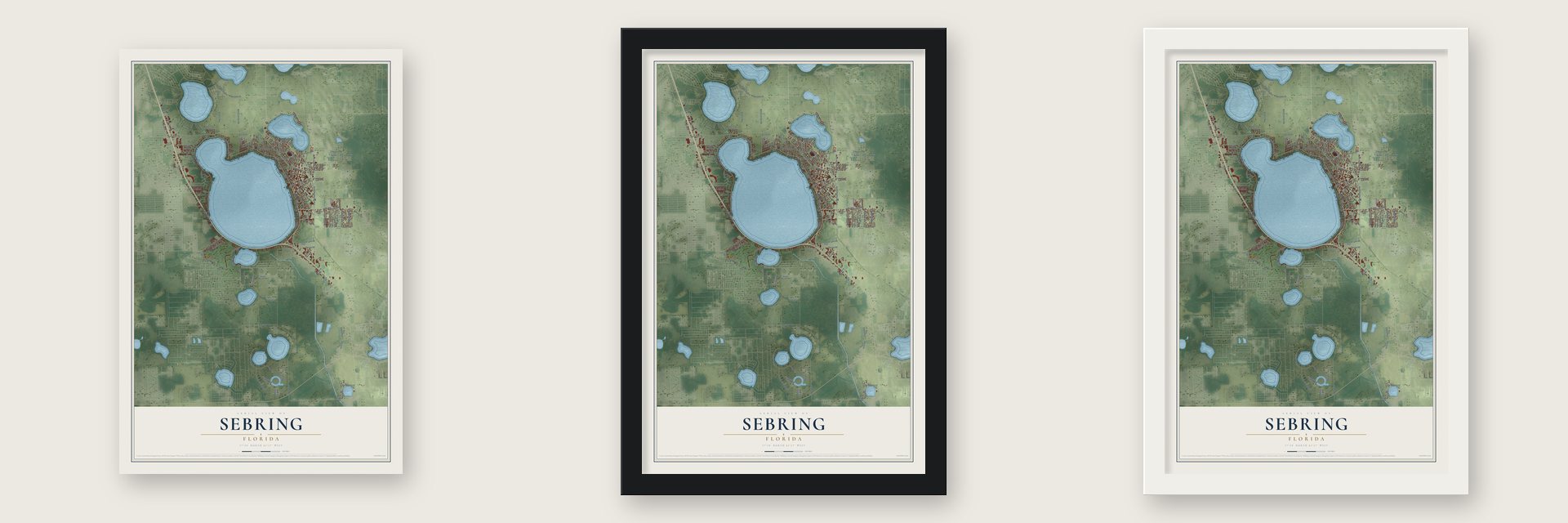 Sebring, Florida map unframed, in a black wood frame and in a white wood frame