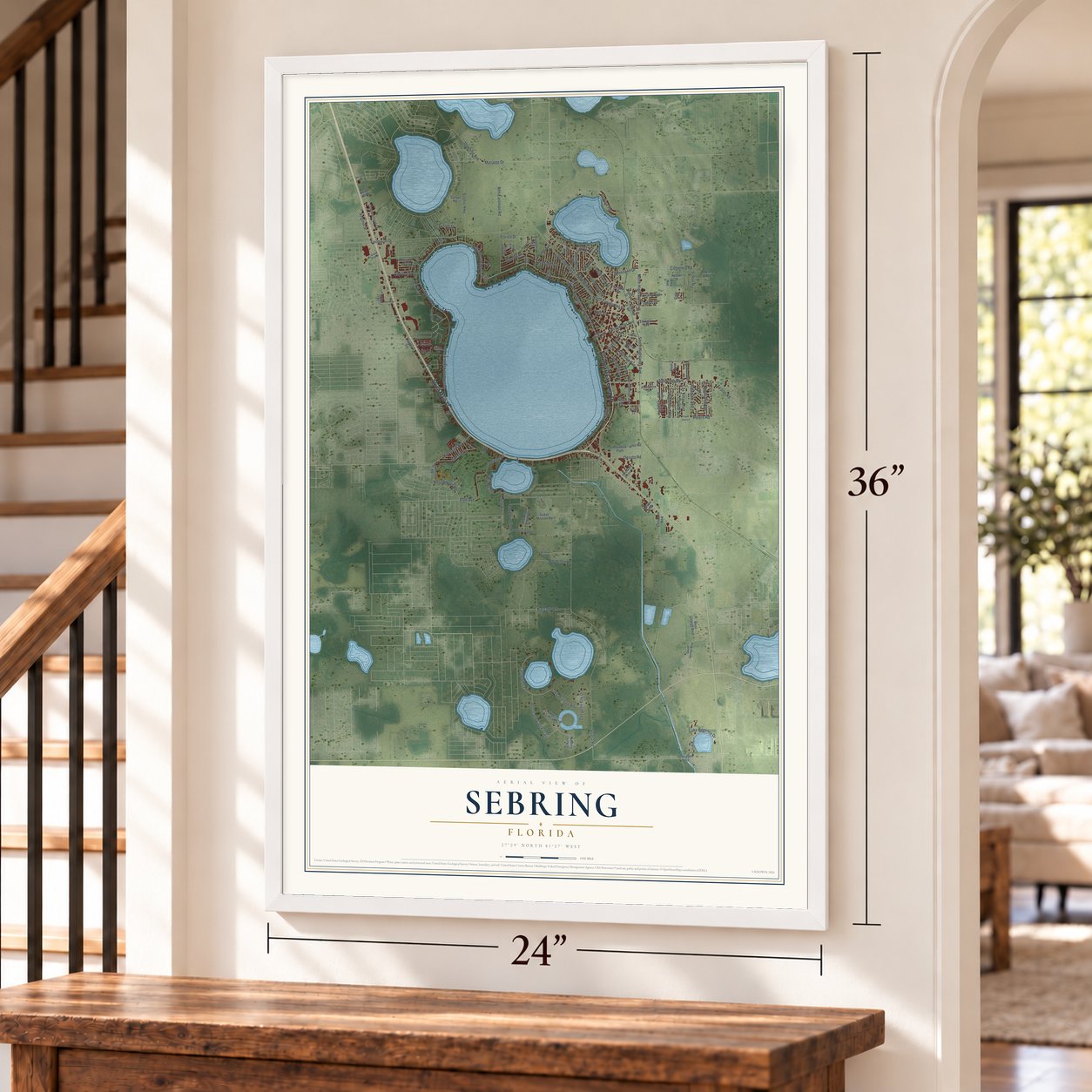 Sebring, Florida map, 24 x 36 inch print in a white frame by a staircase