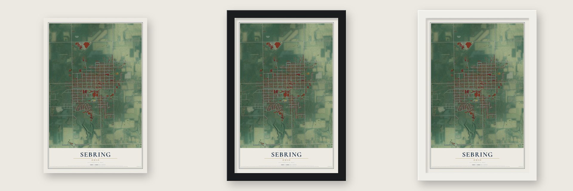 Sebring, Ohio map unframed, in a black wood frame and in a white wood frame