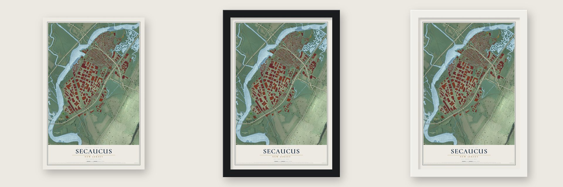 Secaucus, New Jersey map unframed, in a black wood frame and in a white wood frame